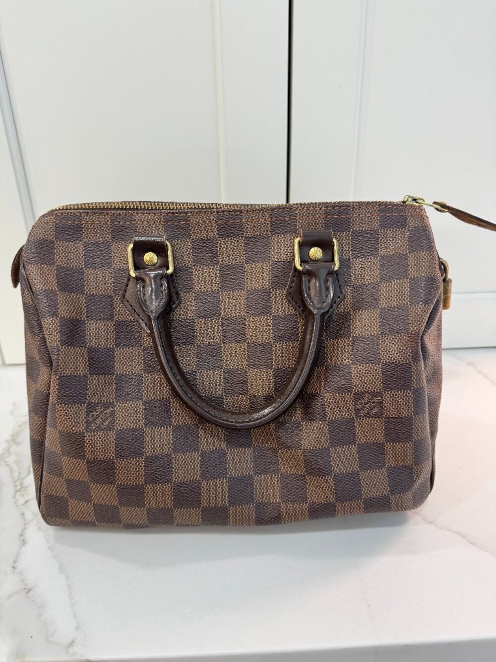Louis Vuitton Speedy 25 Damier Ebene Handbag Brown Red Interior Authentic 2010